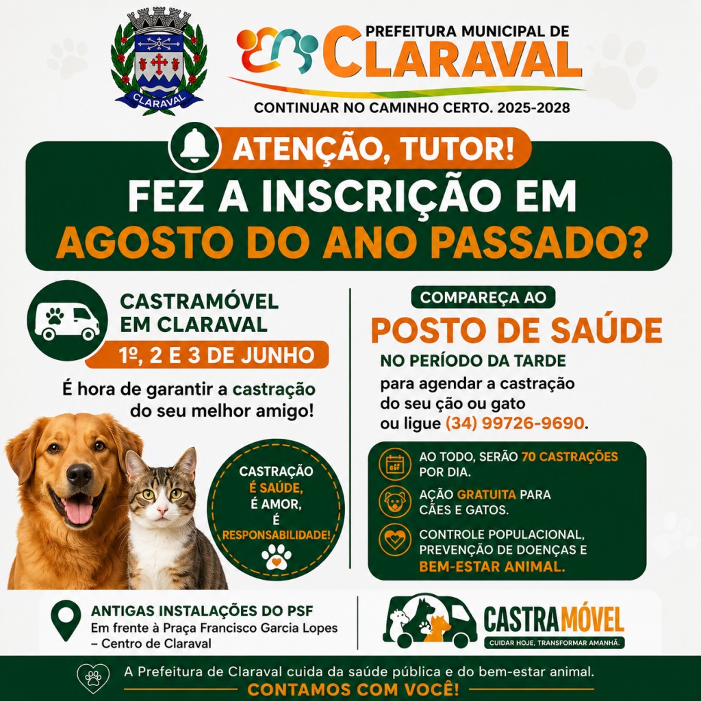 CASTRAMÓVEL REALIZARÁ CASTRAÇÕES GRATUITAS DE CÃES E GATOS EM CLARAVAL ENTRE 1º E 3 DE JUNHO SOMENTE PARA QUEM FEZ INSCRIÇÃO EM AGOSTO 