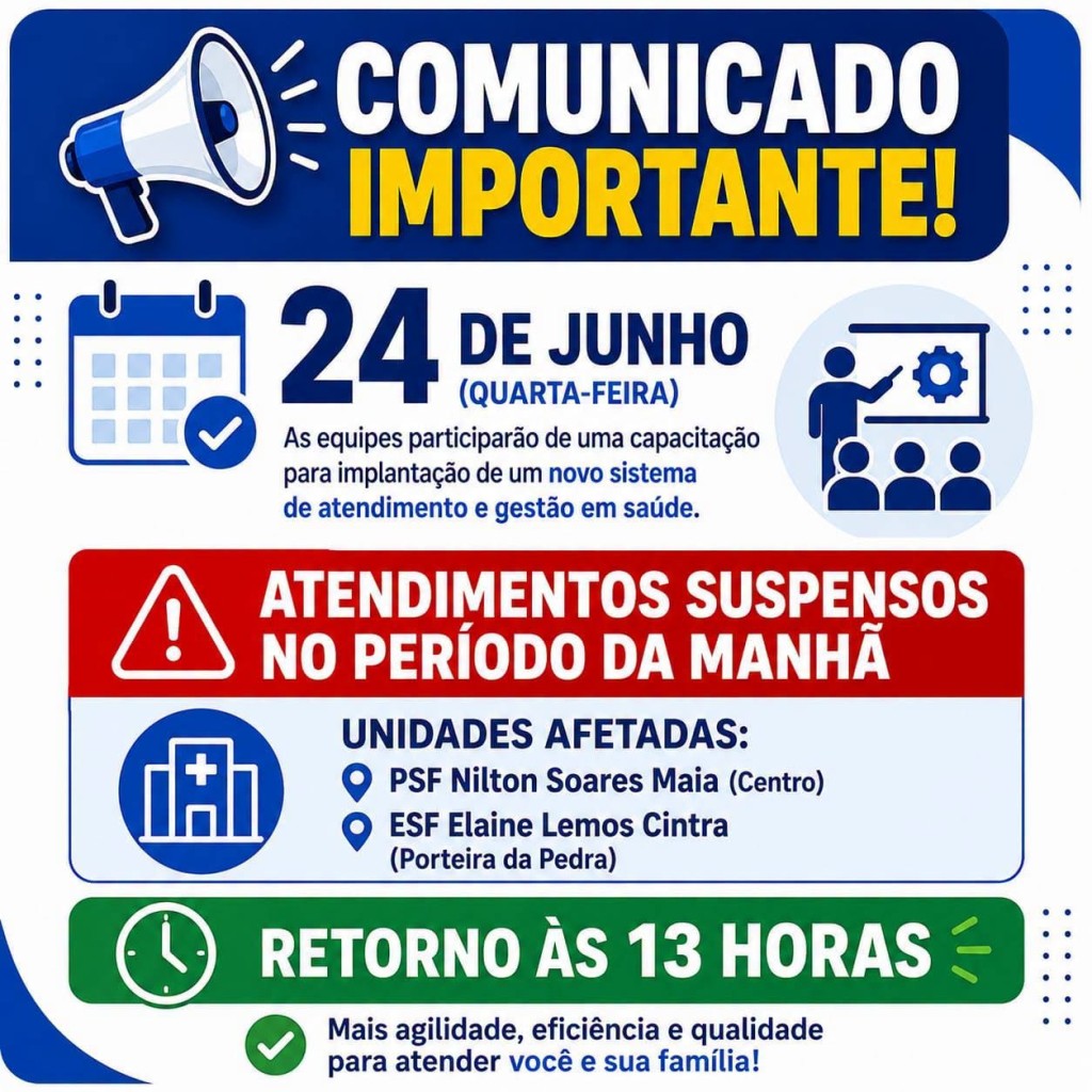 UNIDADES DE SAÚDE  DE CLARAVAL SUSPENDEM ATENDIMENTOS NA MANHÃ DESTA QUARTA-FEIRA (24) 