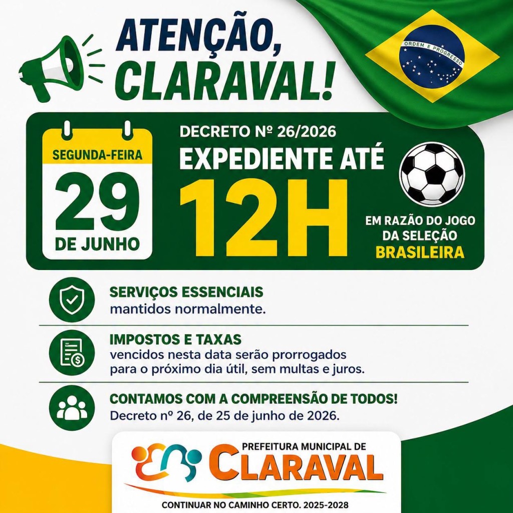 PREFEITURA DE CLARAVAL DECRETA EXPEDIENTE ATÉ O MEIO-DIA NA PRÓXIMA SEGUNDA-FEIRA (29)