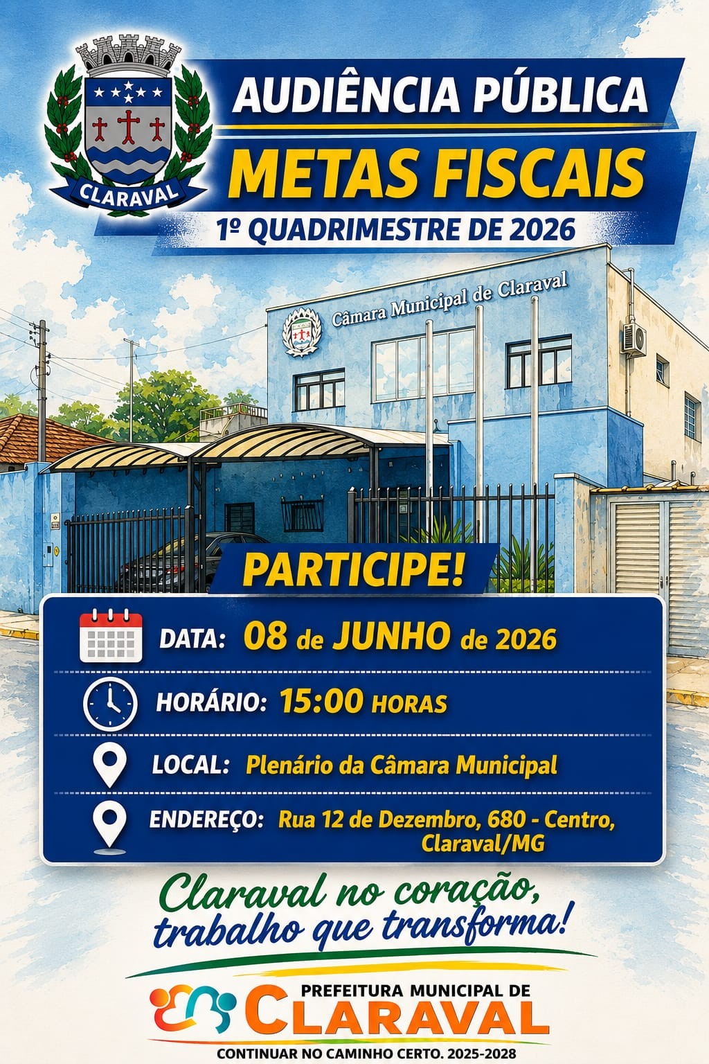 AUDIÊNCIA PÚBLICA DE METAS FISCAIS APRESENTARÁ RESULTADOS DO 1º QUADRIMESTRE DE 2026 EM CLARAVAL
