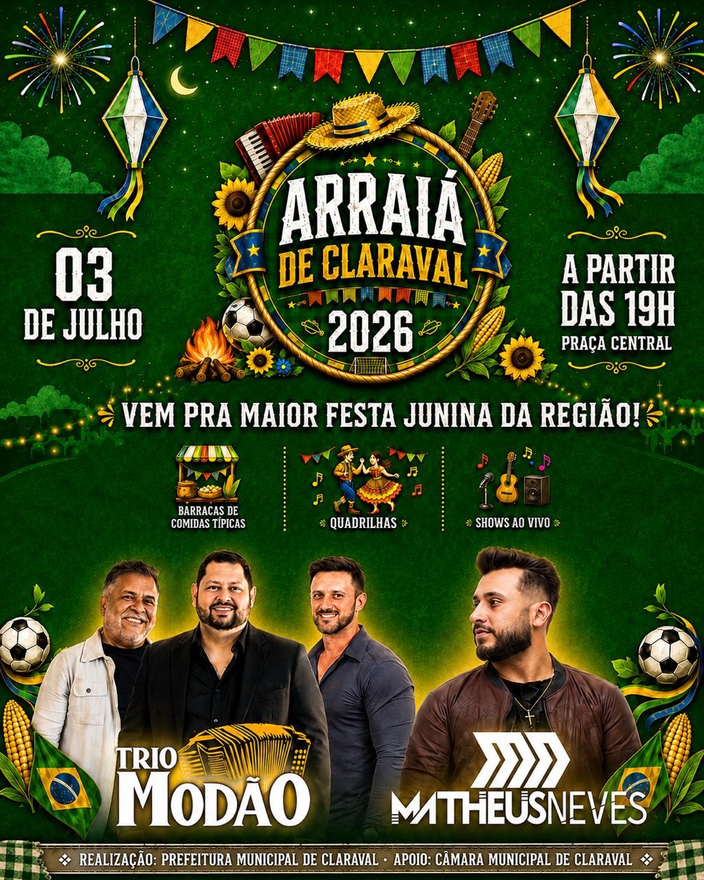 PREFEITURA DE CLARAVAL CONFIRMA ATRAÇÕES DO ARRAIÁ 2026