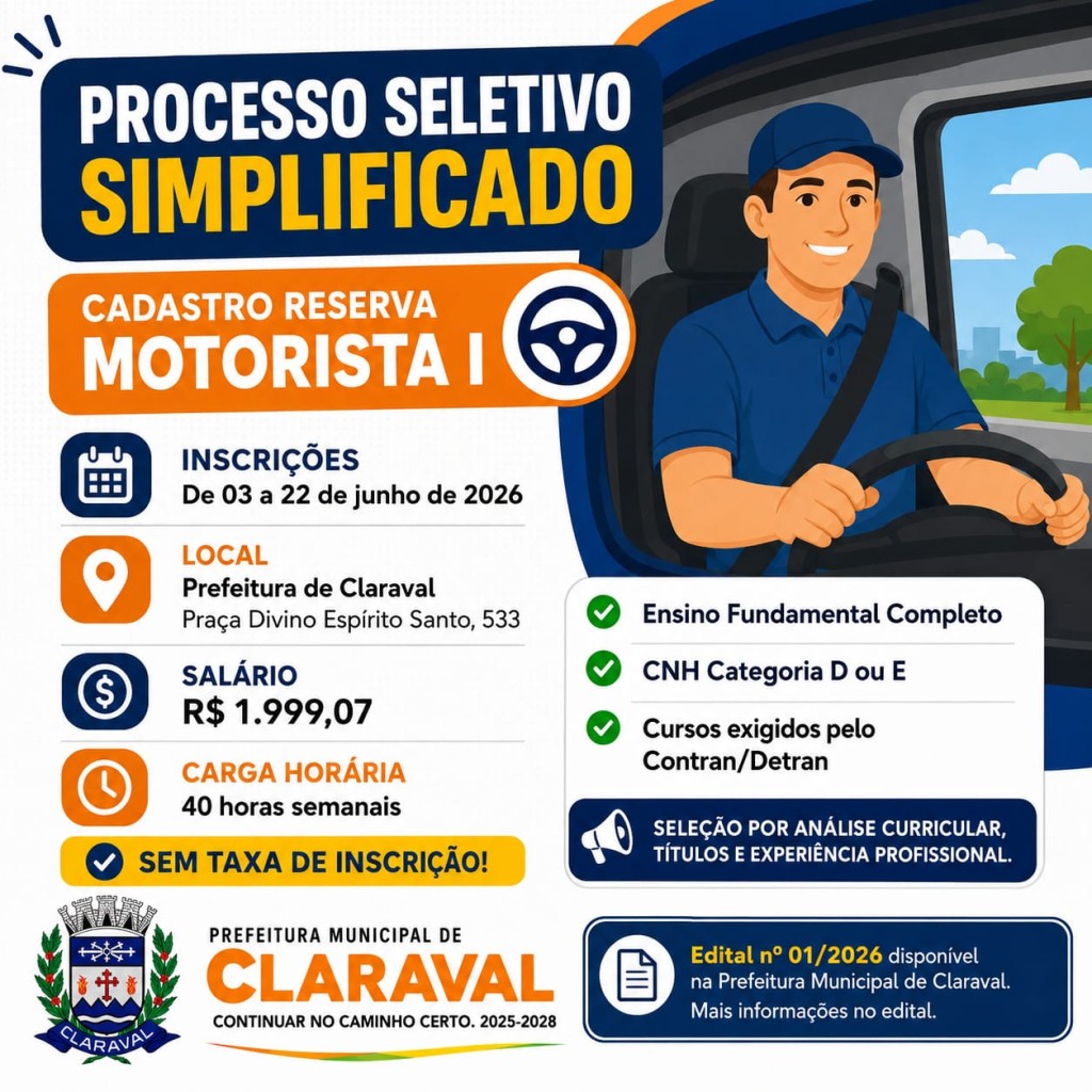 PREFEITURA DE CLARAVAL ABRE PROCESSO SELETIVO SIMPLIFICADO PARA CADASTRO RESERVA DE MOTORISTA I