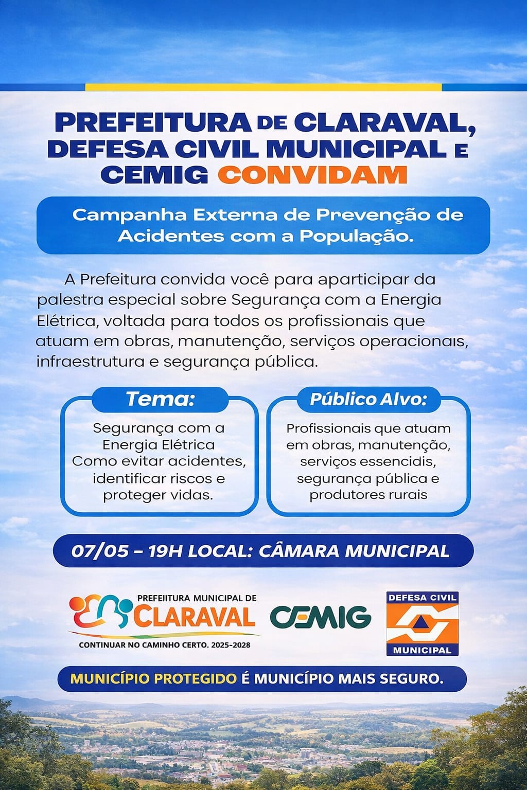 PREFEITURA, DEFESA CIVIL E CEMIG PROMOVEM 5ª-FEIRA (7) PALESTRA SOBRE SEGURANÇA COM ENERGIA ELÉTRICA 