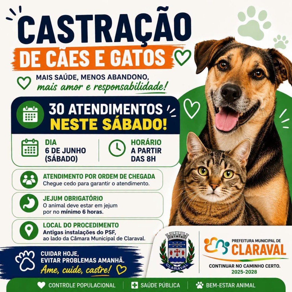 CASTRAÇÃO DE CÃES E GATOS TERÁ 30 ATENDIMENTOS NESTE SÁBADO EM CLARAVAL