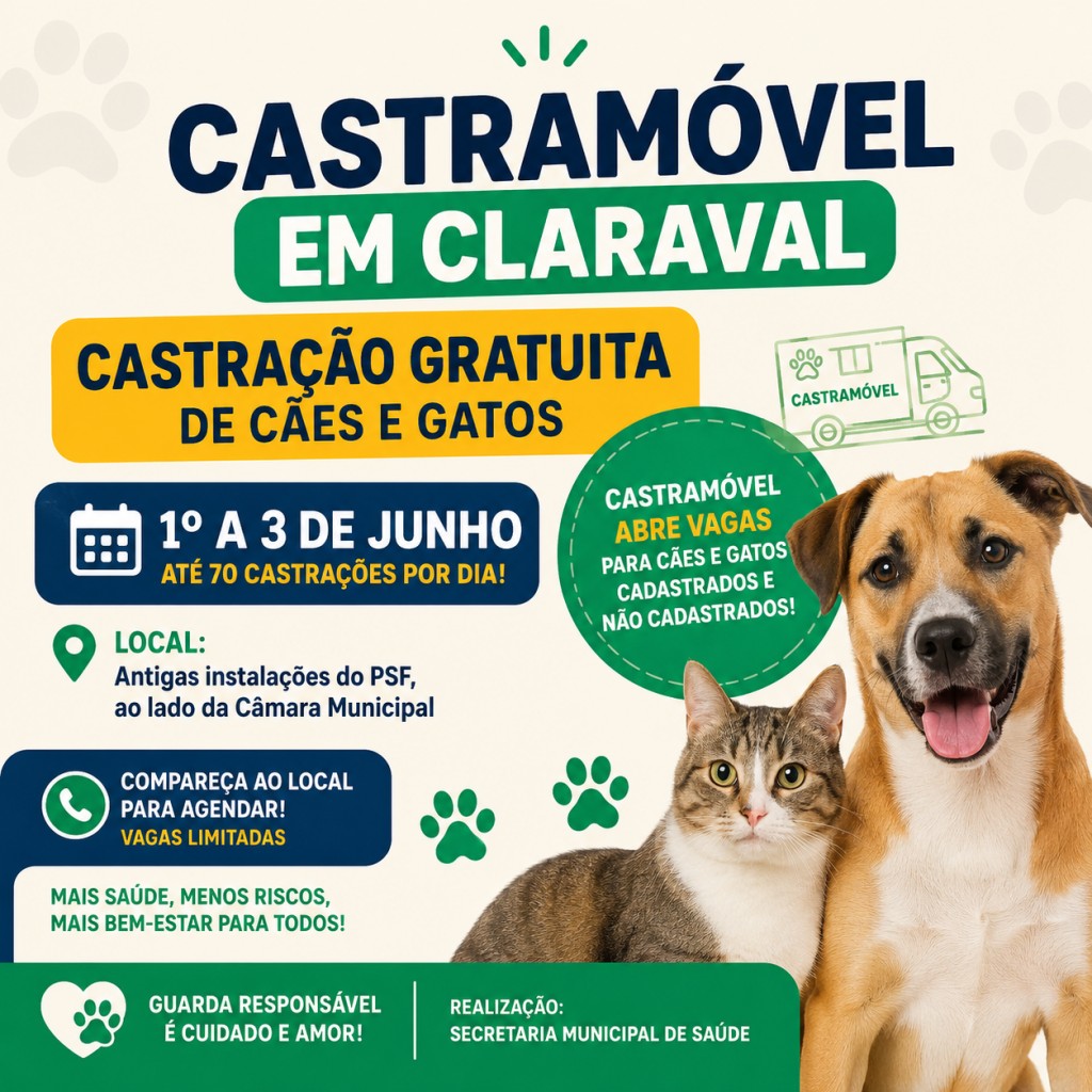 CASTRAÇÕES GRATUITAS DE CÃES E GATOS EM CLARAVAL COMEÇAM NESTA SEGUNDA-FEIRA
