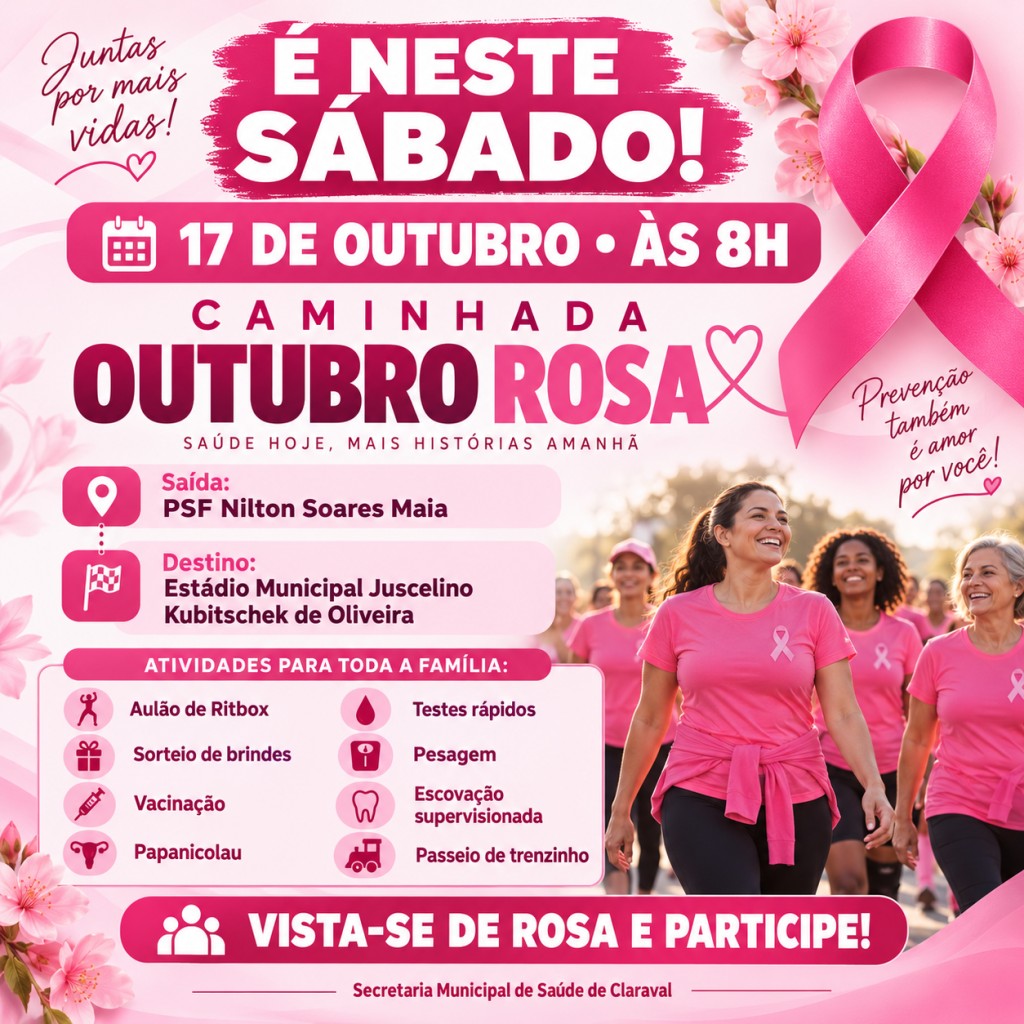 CLARAVAL TERÁ CAMINHADA E AÇÕES DE SAÚDE DO OUTUBRO ROSA NO DIA 17