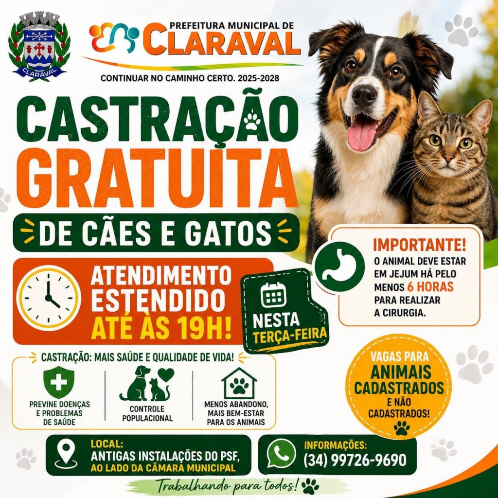 CASTRAÇÕES GRATUITAS TERÃO ATENDIMENTO ESTENDIDO ATÉ AS 19H NESTA TERÇA-FEIRA EM CLARAVAL